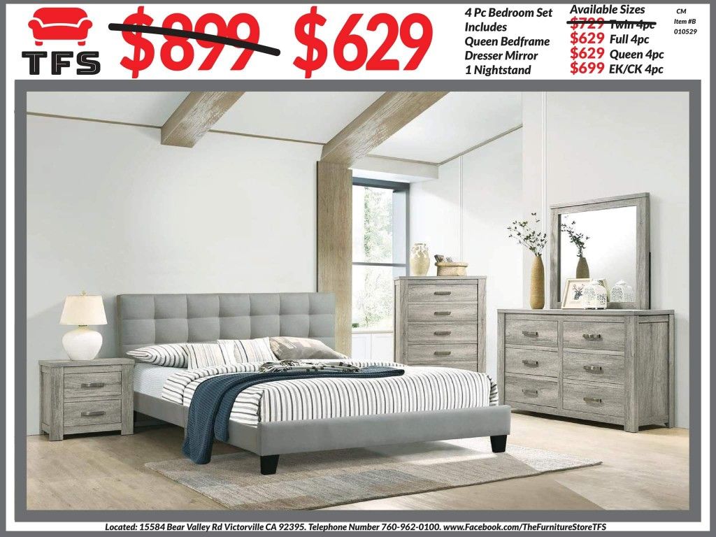4pc Bedroom Set $629 Queen $699 Eastern King/California King Includes bedframe (No Boxspring Required) Dresser mirror nightstand Light Grey Bedroom Se