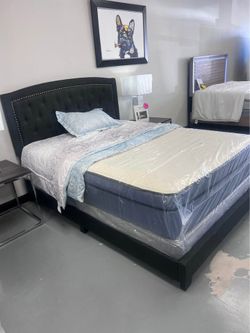😍 Brand new black upholstered nailhead trim Queen | King | Full & Twin size tufted bed frame with mattress + box spring | Pay After Delivery 🚚