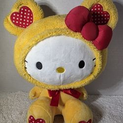 Sanrio Hello Kitty Yellow Teddy Bear Suit Costume Hearts Print 14” Plush NEW