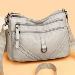 Faux Leather Light Gray Shoulder/ Crossbody Bag NEW Medium Multi Pockets Zipper Closure 