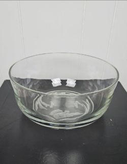 Vintage Large Glass Serving Bowl with Frosted & Etched Floral Design
