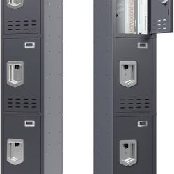 Metal Locker, Lockers for Employees, 66" Storage Locker with Mirror & Hooks, Storage Cabinet with Doors and Shelves for Gym, Office, School, Home (3 D