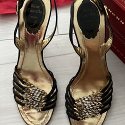 Authentic Rene Caovilla Gold Sandals Slides Heels Shoe 38 7.5