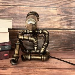Stylish steampunk table lamp, steampunk lamp, steampunk light, creative robot style desk lamp vintage industrial water pipe light.