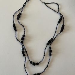 Women’s Black Two Strain Seed Beaded With Block Beads Necklace, Size 12” Flat