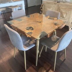 Handmade Teak Root Live Edge Wood Dining Table w/ Gold Brass Legs - Designer - West Elm CB2 - Import