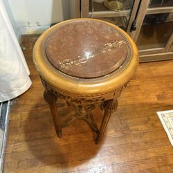 Ornate Carved Wood Pedestal Table with Real Marble Top