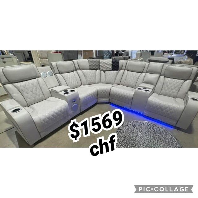 117"W Ice Leather Aire Transformer Power Reclining Sectional Sofa with Power Headrest, Bluetooth Speakers, LED Lights, USB Ports, Storage & Cupholders