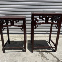 Set of 2 Elegant Vintage Chinese Rosewood Hand Carved Side Table Stands