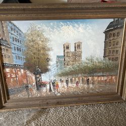 Pair of Oil Paintings by J. Bardot – Paris Street Scene / Notre Dame – 24x36 Framed