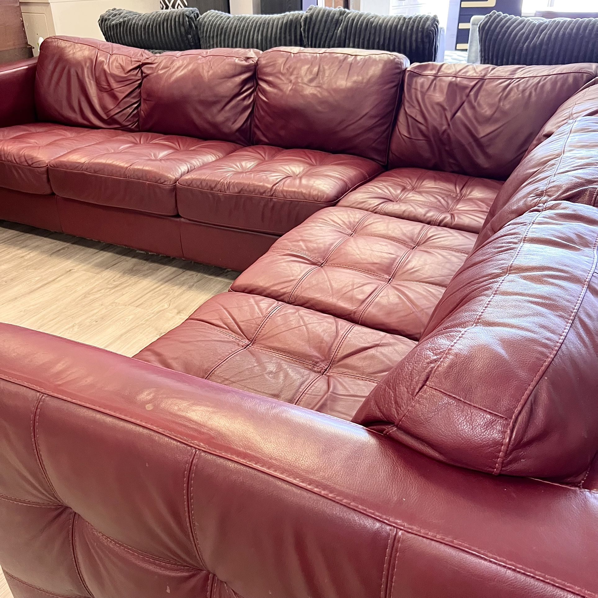 Large Red Leather Vintage Sectional Deep-Seating