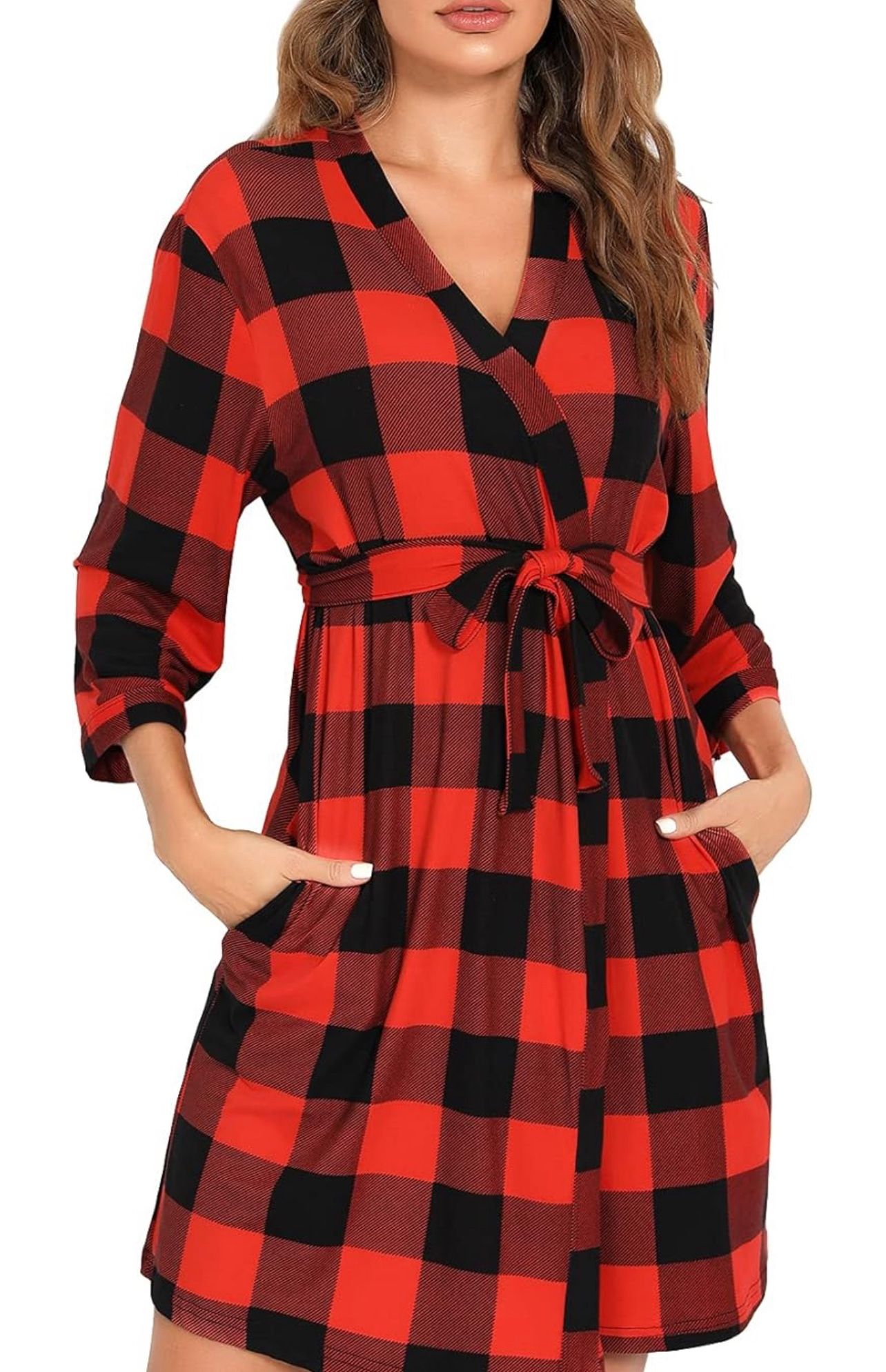 Cozy up in this stylish plaid sleepwear robe. Featuring a classic red and black checkered pattern, this robe is perfect for lounging in comfort and st
