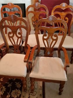 5 Solid Wood Dining Room Chairs..2 Arm And 3 Regular