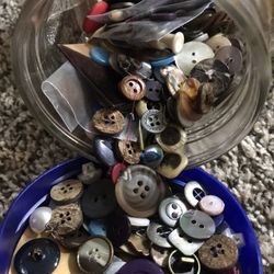 Vintage honey jar Filled With Antique And Vintage Buttons 