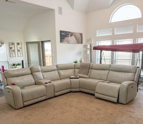Cream Leather Sectional Recliner Sofa