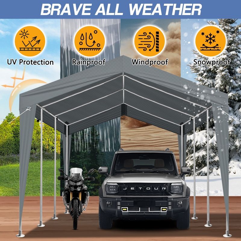 NEW - 10x20Ft Carport, Large Heavy Duty Car Tent with Galvanized Steel Frame, Portable Storage Boat Shed Canopy Garage, Gray