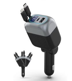 87W Retractable Car Charger, 4-in-1 Fast USB C Charging Car Adapter with 45W Type C Cable for iPhone 17/16 Pro Max & Samsung, 12W Lightning Cable for 