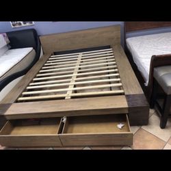 Low Profile Wooden Bed Frame With Built In Storage Drawers