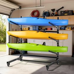 Kayak Storage Rack,Heavy Duty Kayak Stand with Wheels 3 Layer Freestanding Wall Mount Rack Adjustable Kayak Rack for Garage Dock Backyard Outdoor Stor