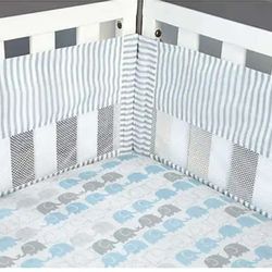 NEW! Zutano Elefant Blau Collection, Secure-Me Crib Liner, Grey+White Stripes (4 pc, 2 long,2 short)