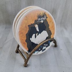 3 Ceramic Coaster Set and Holder Features Whimsical "Fat Waiter" Artwork by artist Jennifer Garant