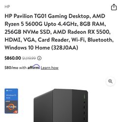 HP Pavilion TG01 Gaming Desktop, AMD Ryzen 5 5600G Upto 4.4GHz, 8GB RAM, 256GB NVMe SSD, AMD Radeon RX 5500, HDMI, VGA, Card Reader, Wi-Fi, Bluetooth,