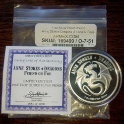 2018 Anne-Stokes Dragons COA PROOF Silver Round #0154