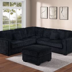 Black Corduroy Sectional Sofa With Ottoman