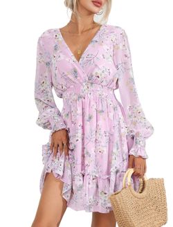 Prettywear Women’s XL Pink Floral Chiffon Mini Dress – Long Sleeve Wrap V Neck Tie Back