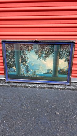 Antique Large Maxfield Parrish Daybreak Print, Original Blue & Gold Frame, Glass