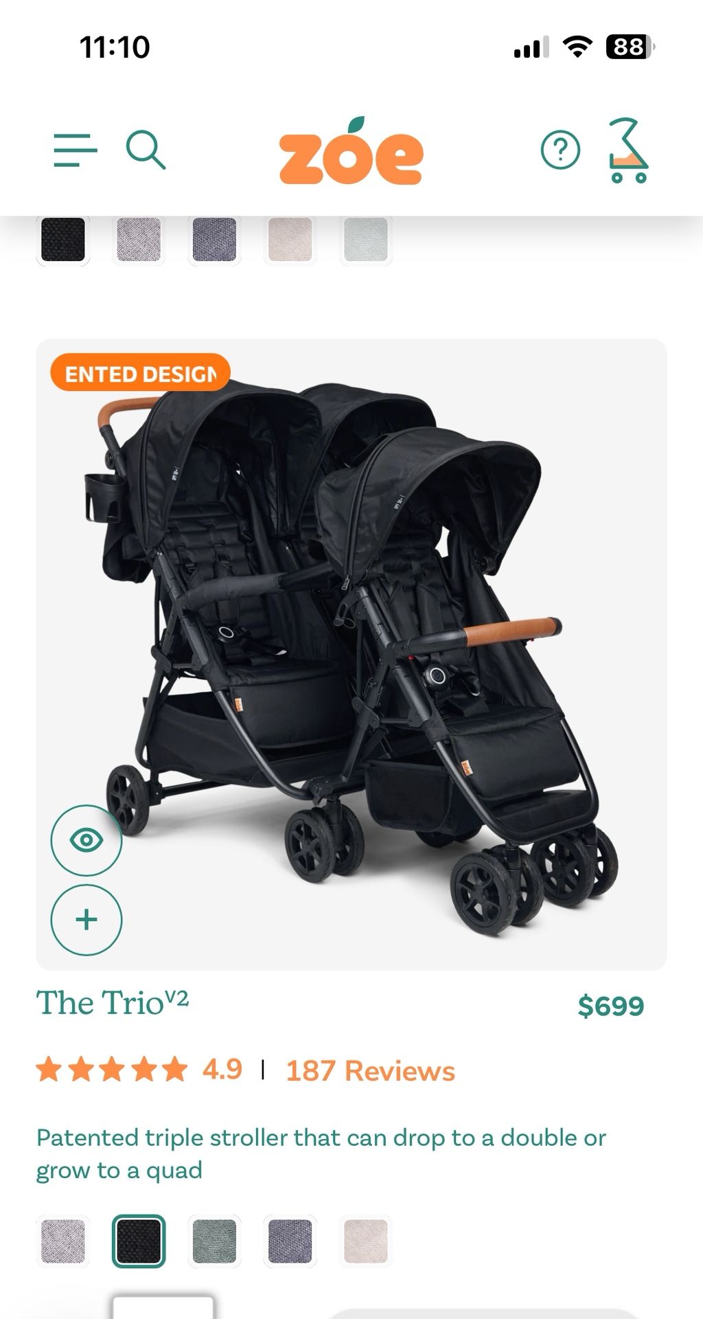 Triple Stroller Zoe Brand.