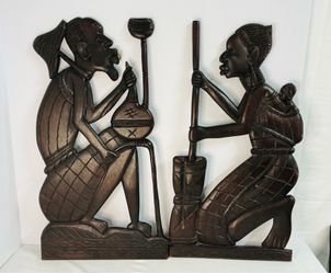 Vintage Hand- Carved African Figural Wall Panels / Village Scene Couple Wooden Folk Art- Pair - 16”x 13”