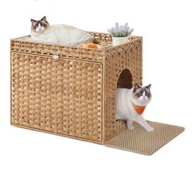 Cat Litter Box Enclosure, Handwoven Rattan End Table, Extra Mat Hidden Litter Box Furniture, Removable Washable Tray, Boho Cat House, Goose Yellow, EL