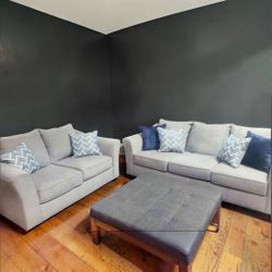 New 2 Piece Upholstered Gray Sofa and Loveseat Set with Decorative Throw Pillows