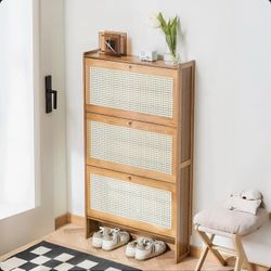 Narrow Shoe Cabinet For Entryway Slim Thin Bamboo Freestanding Shoe Storage With Flip Drawers For Hallway, Living Room (47.5" X 27" X 7")