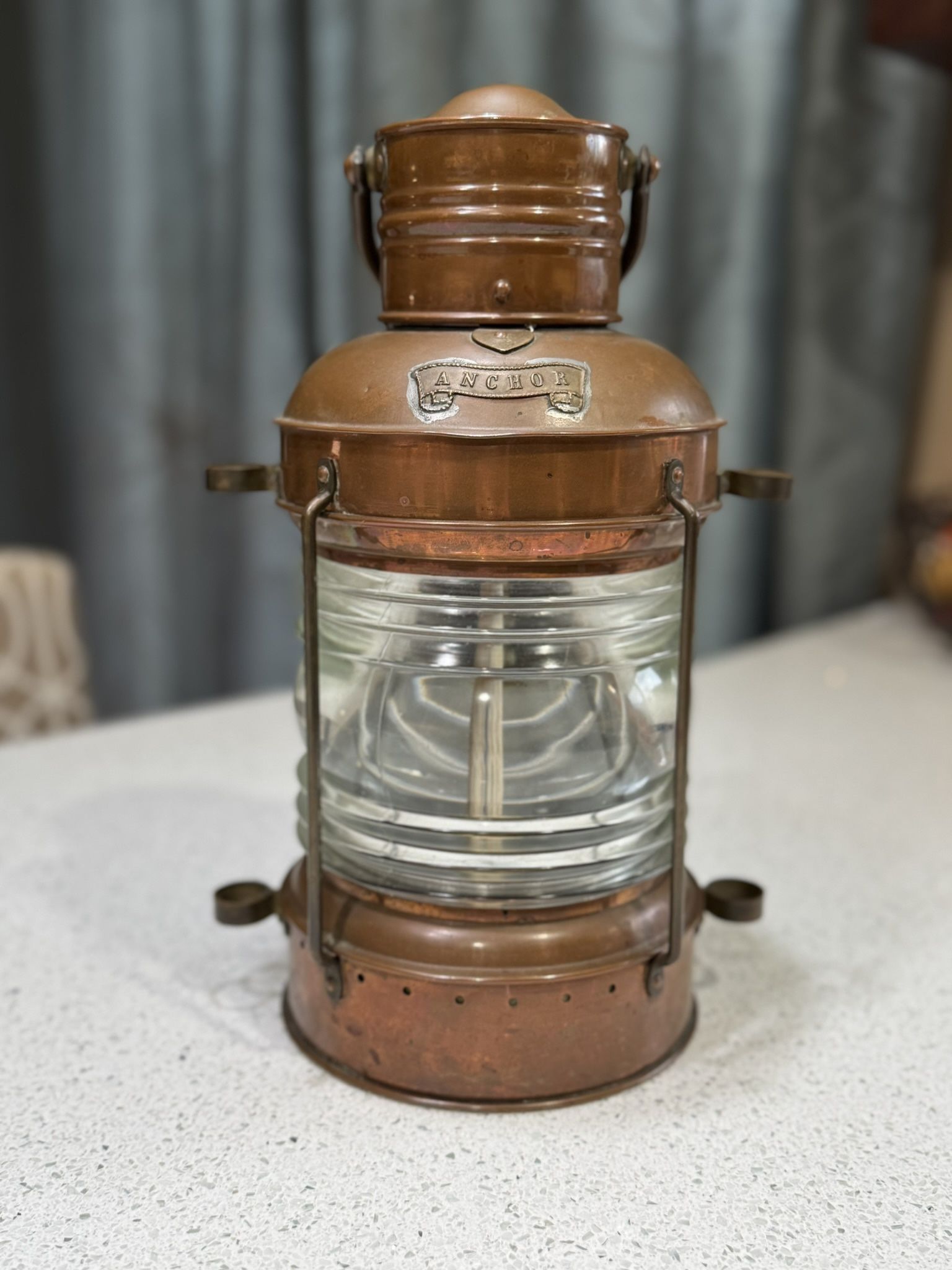 Antique Copper & Brass Anchor Ship’s Lantern – Original Oil Lamp