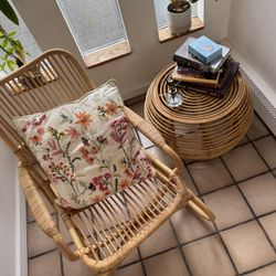 Rattan Rocking Chair Side Table And Basket Set