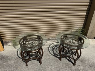 Pair of bronze, metal and glass top end tables