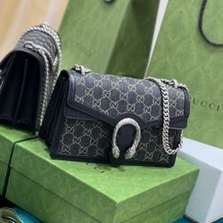 GUCCI Dionysus Tiger head buckle black denim Denim presbyopia Logo chain denim hand-held crossbody shoulder bag small size women's