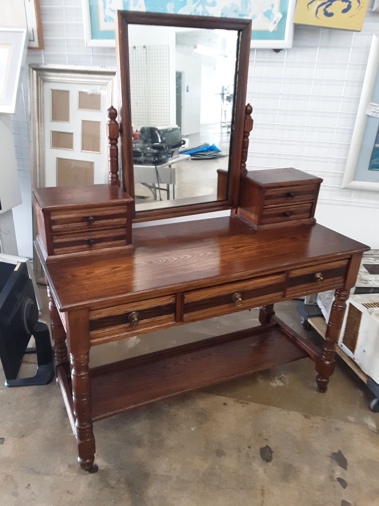 Antique solid oak vanity desk on wheels