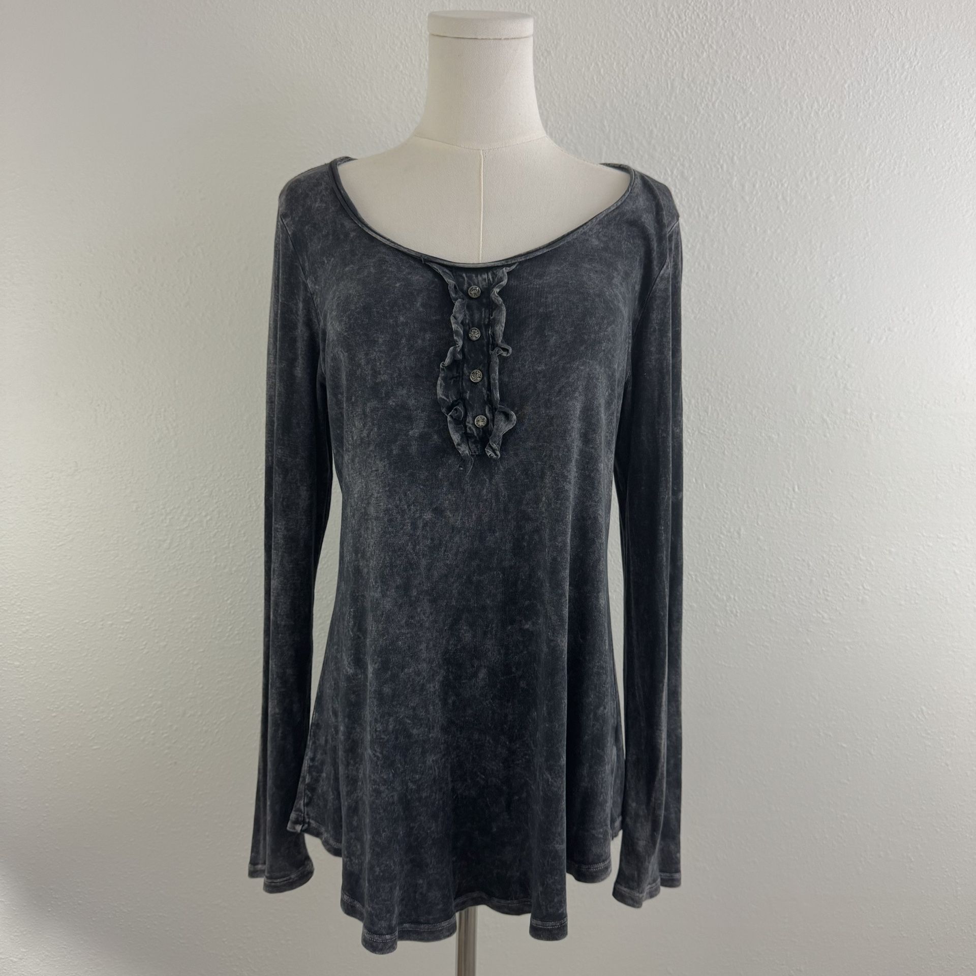 T PARTY Dark Grey Acid Wash Grunge Edgy Flowy Long Sleeve Ruffle Henley Top