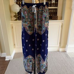 Navy blue paisley print pants with drawstring