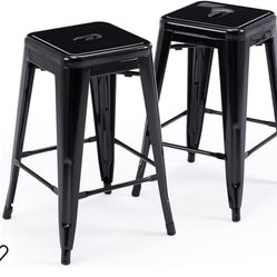 24" Bar Stools Black Backless Metal Barstools Indoor-Outdoor Counter Height Stools