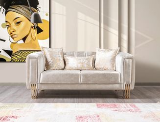 Ivory Sofa and Loveseat With Gold Accent