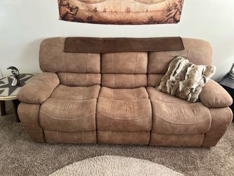 Brown suede couch/recliner, both ends
