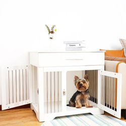 Dog Crate End Table, Multifunctional Pet Crate with Storage Drawer, Indoor Dual-Door Kennel for Small Dogs, White
