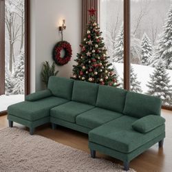VINGLI 110' U-Shaped Sectional Couch with Two Chaise, Affordable Small Sofa with 4 Seats, Chenille Fabric Comfy Couches for Living Room, Dark Green