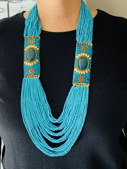Tibetan Turquoise seed beaded, Turquoise and Corral Inlay Brass Necklace.