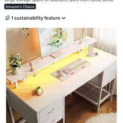 55” White Desk, 4 Drawers, LED lights 