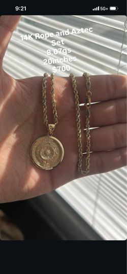 Aztec Pendant and Rope Chain 14k